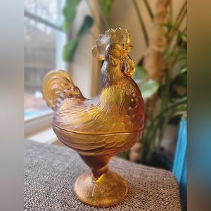 Vintage Candy Trinket Gold Glass Amber Rooster 2 PC Pedestal Dish